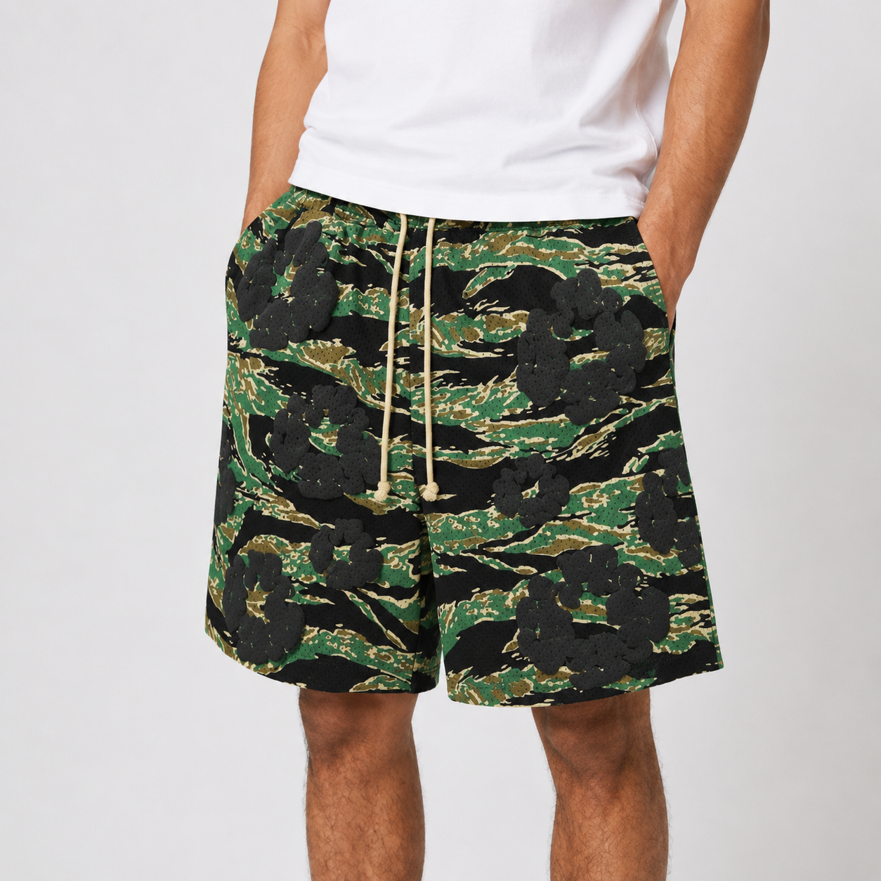 Army Camo Orange Graphic mesh shorts - flat-lay view