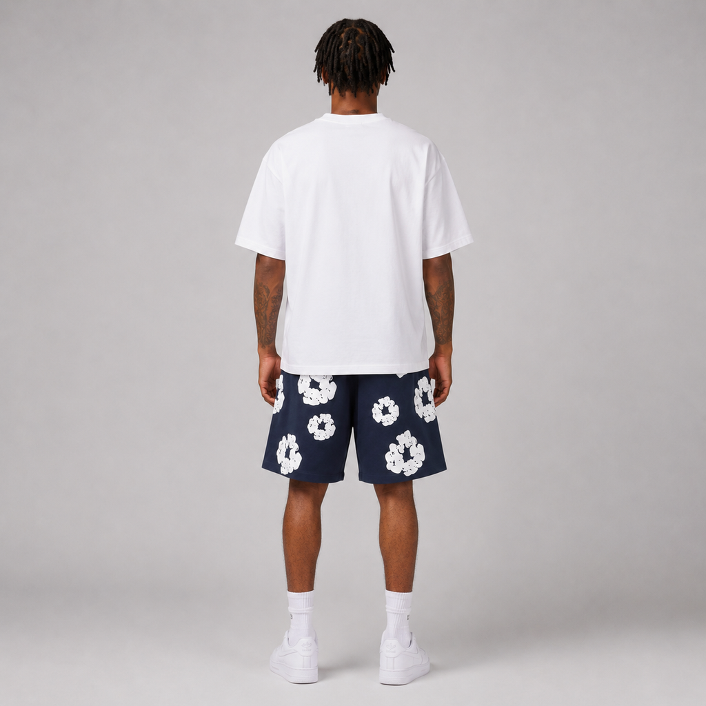 Navy White Puff Floral mesh shorts - walking view
