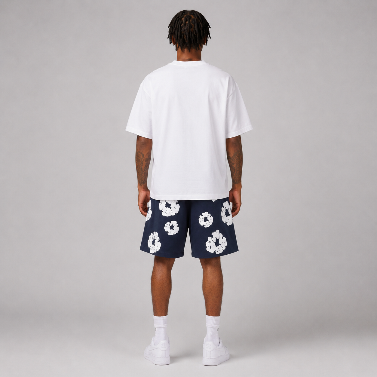Navy White Puff Floral mesh shorts - walking view