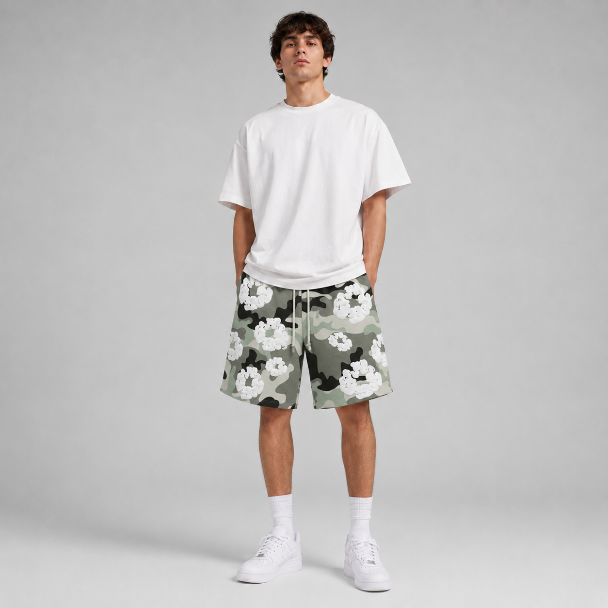 Grey Camo White Floral mesh shorts - front view