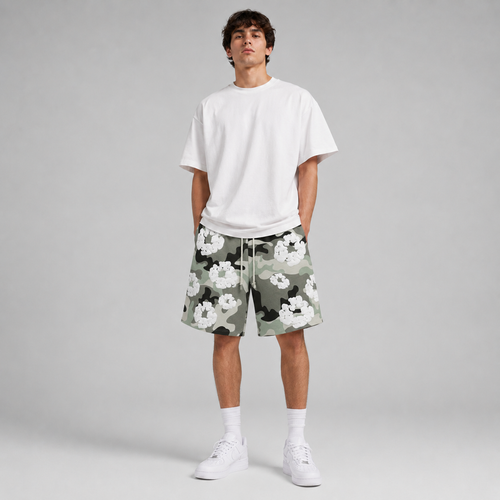 Grey Camo White Floral mesh shorts - front view