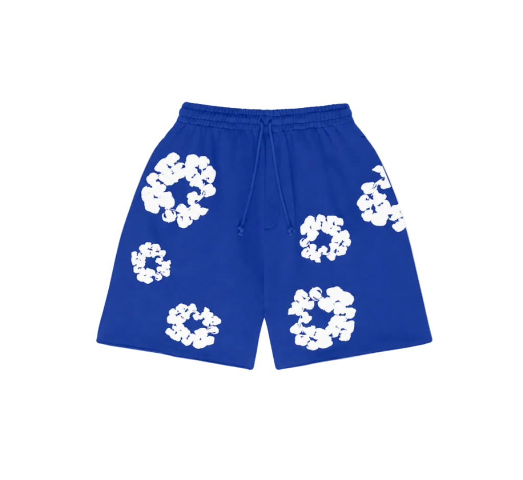 Blue shorts with white floral patterns on a white background