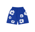 Blue shorts with white floral patterns on a white background