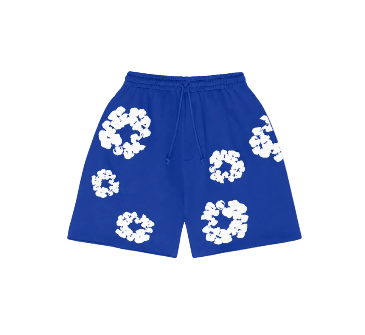 Blue shorts with white floral patterns on a white background