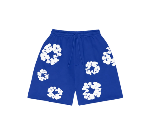 Blue shorts with white floral patterns on a white background