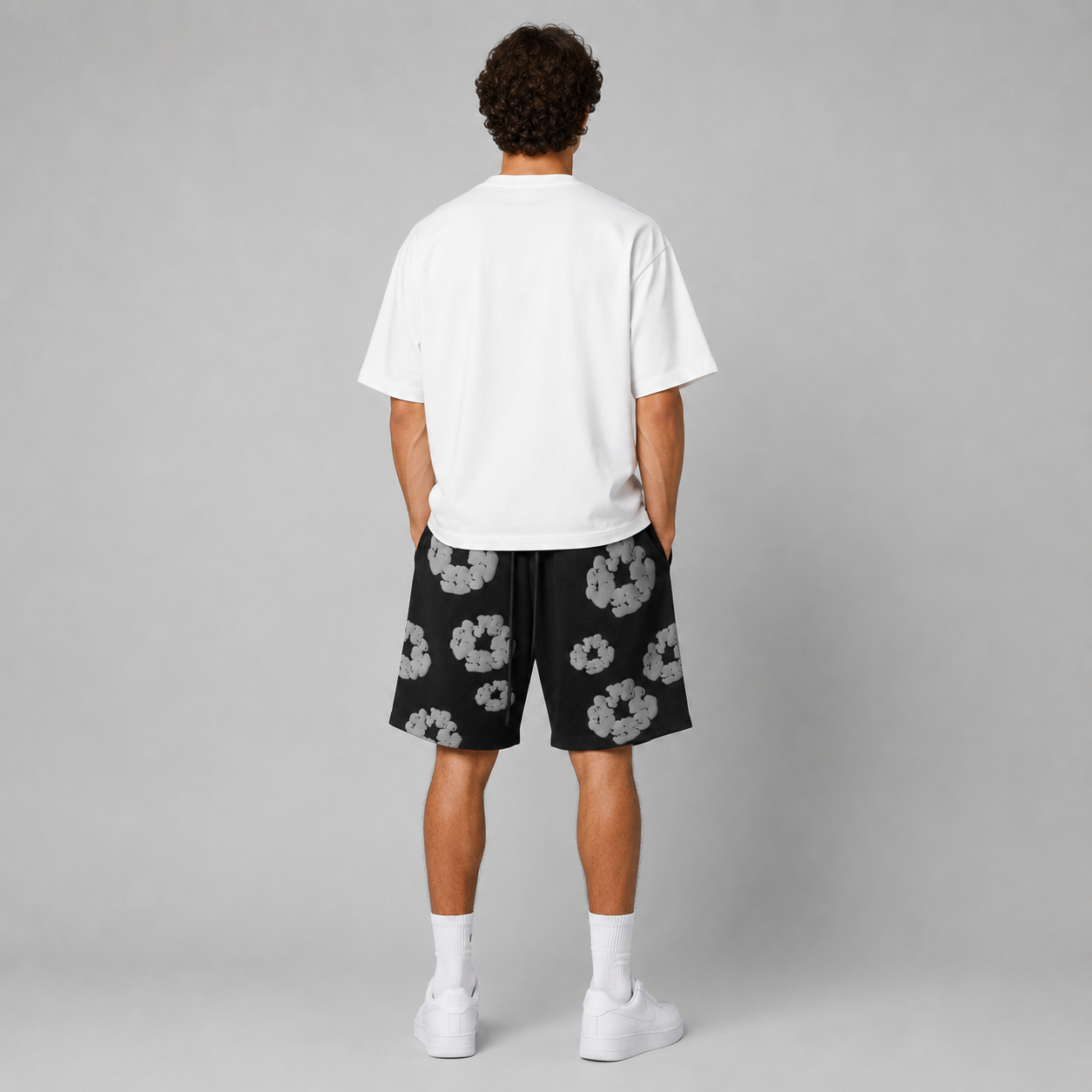 Black Grey Puff Floral mesh shorts - back view