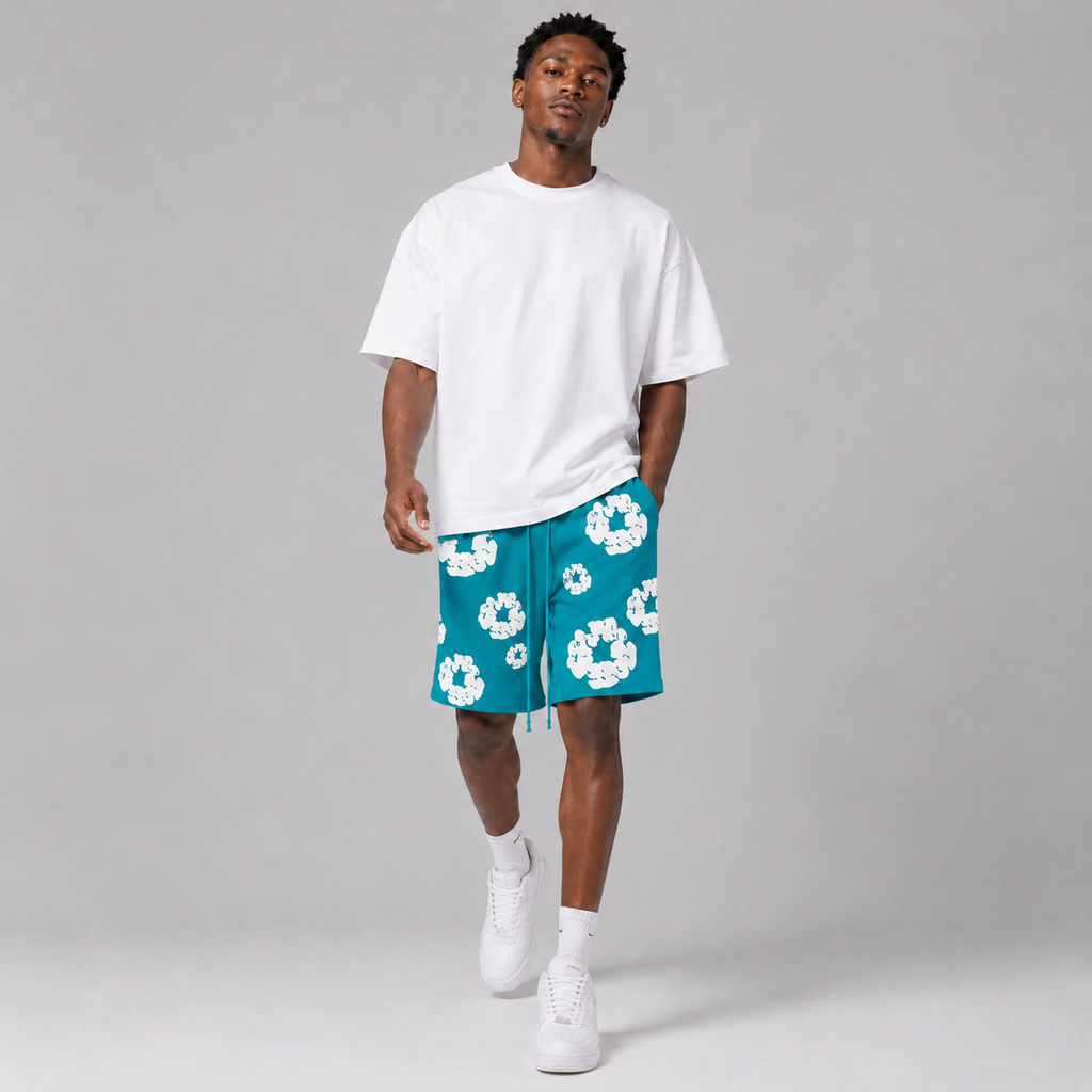 Teal White Puff Floral mesh shorts - walking view
