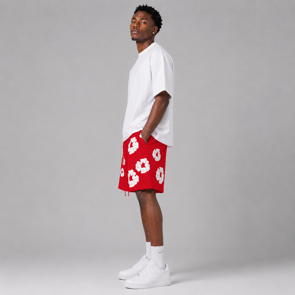 Red White Puff Floral mesh shorts - side view