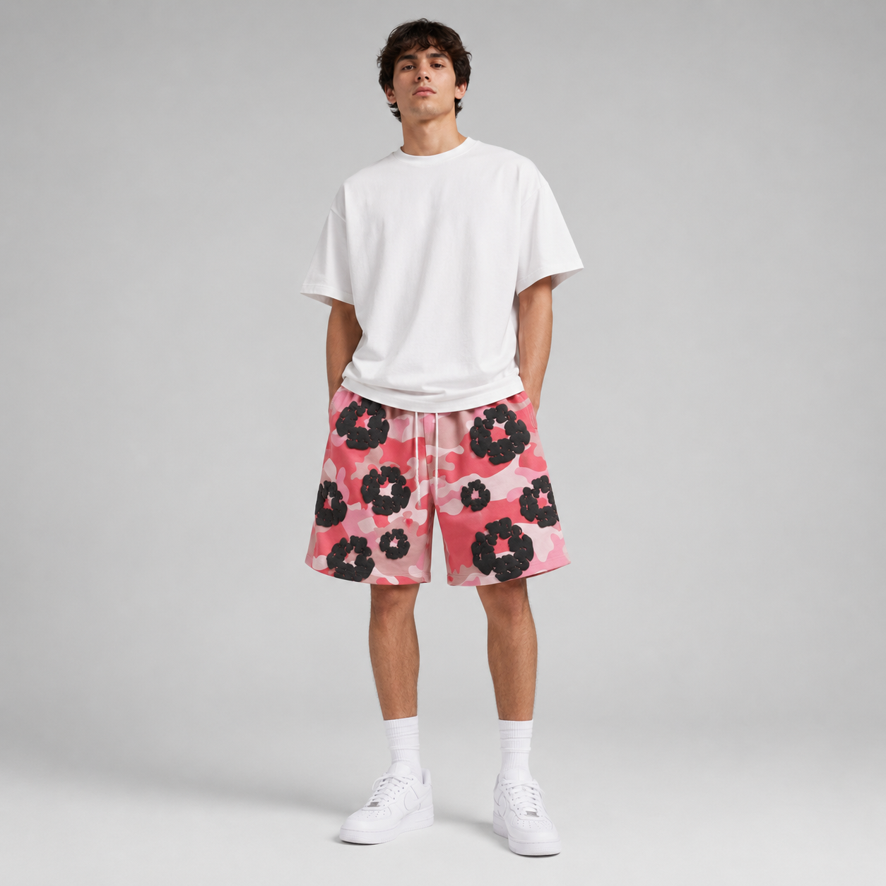 Pink Camo Black Floral mesh shorts - front view