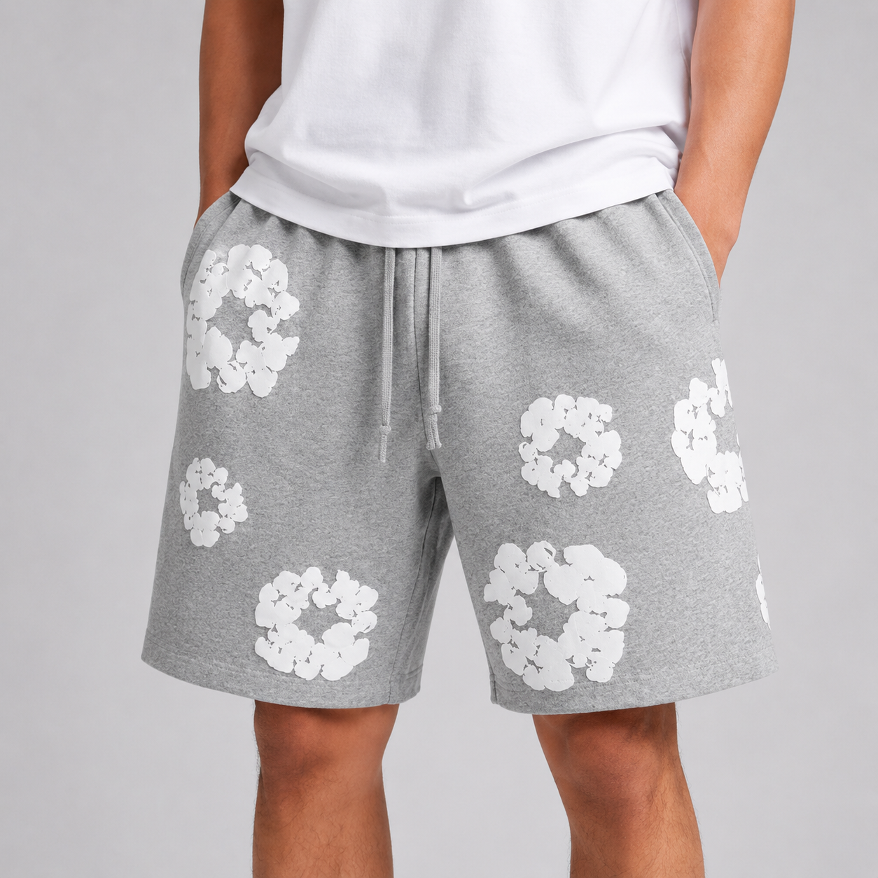Heather Grey White Puff Floral men's mesh shorts - close-up view