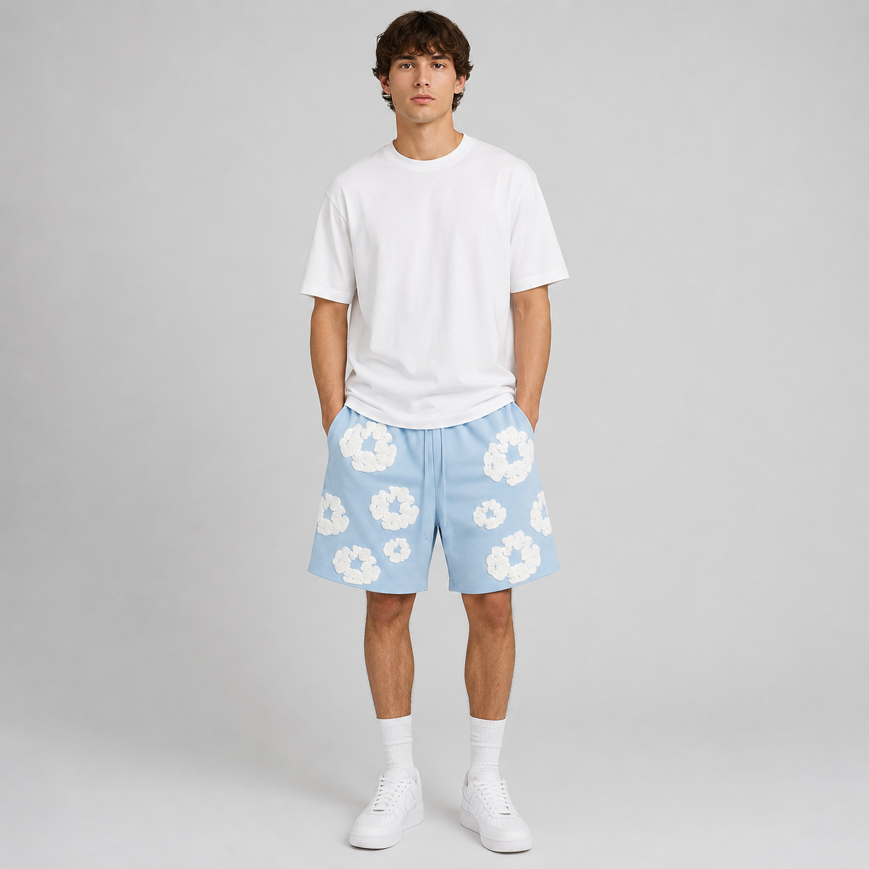 Royal Blue White Puff Floral mesh shorts - front view