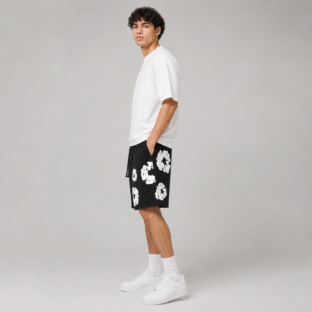 Black White Puff Floral mesh shorts - side view