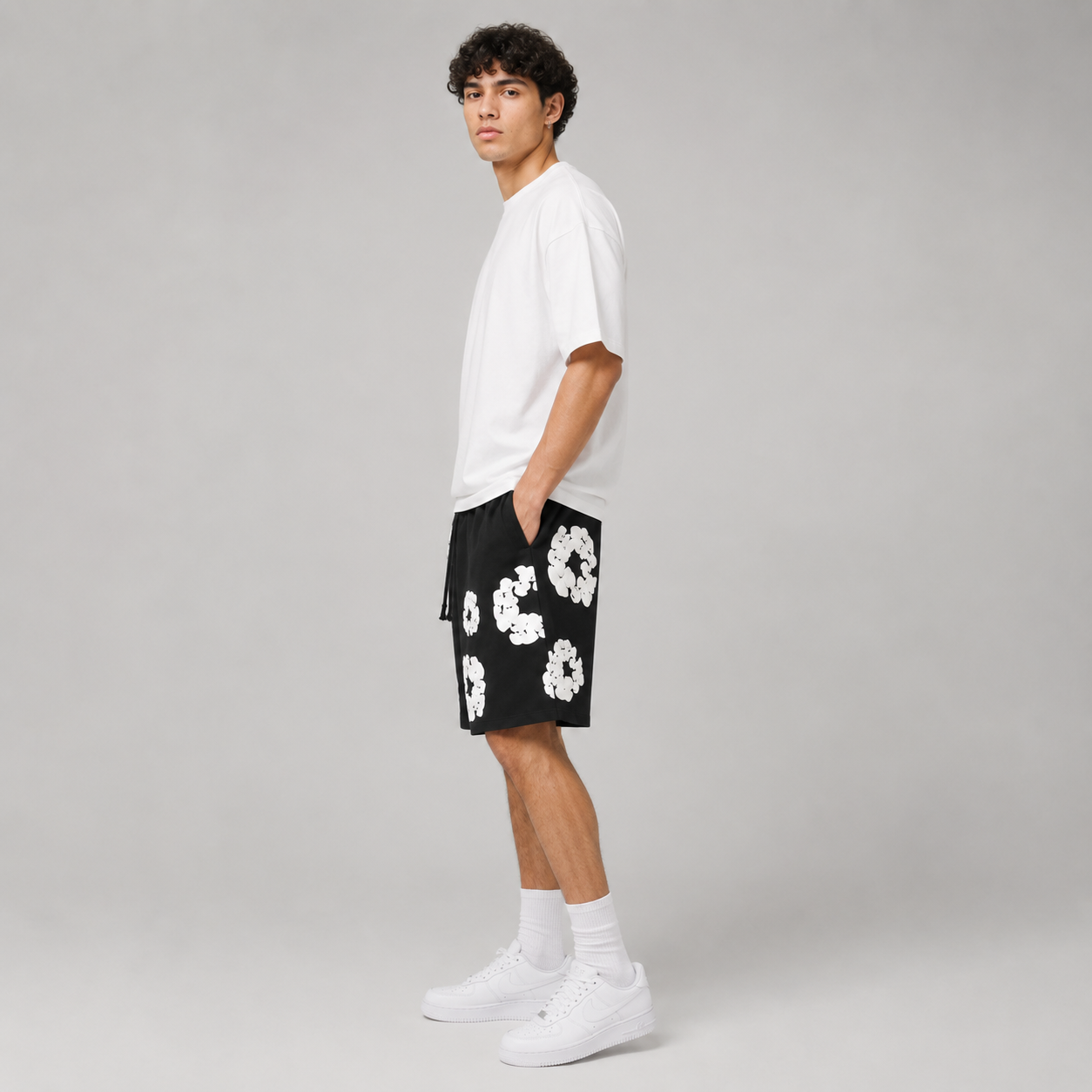 Black White Puff Floral mesh shorts - side view