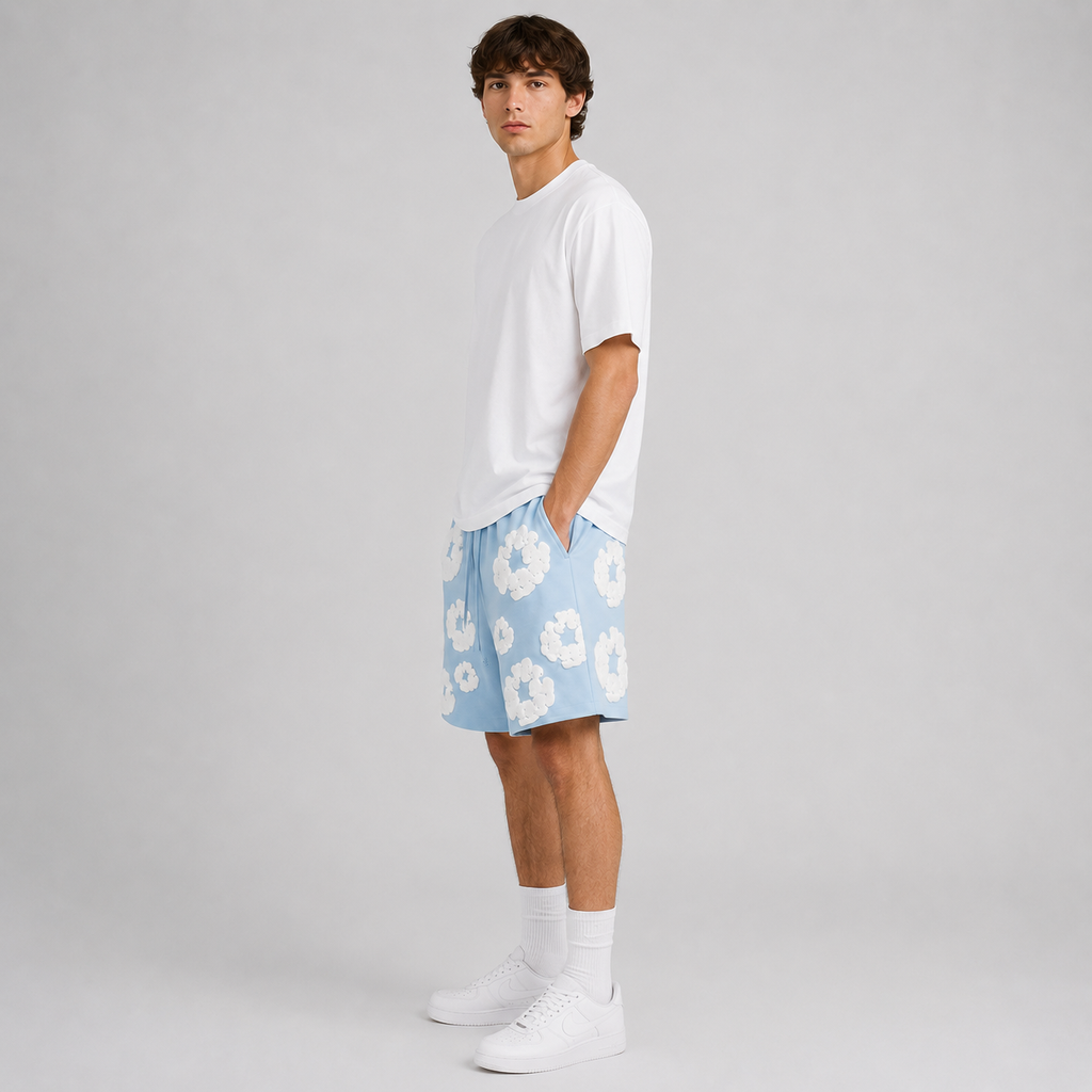 Royal Blue White Puff Floral mesh shorts - side view