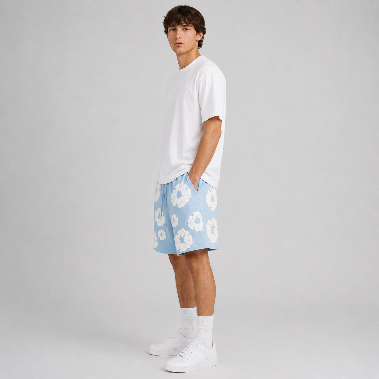 Royal Blue White Puff Floral mesh shorts - side view