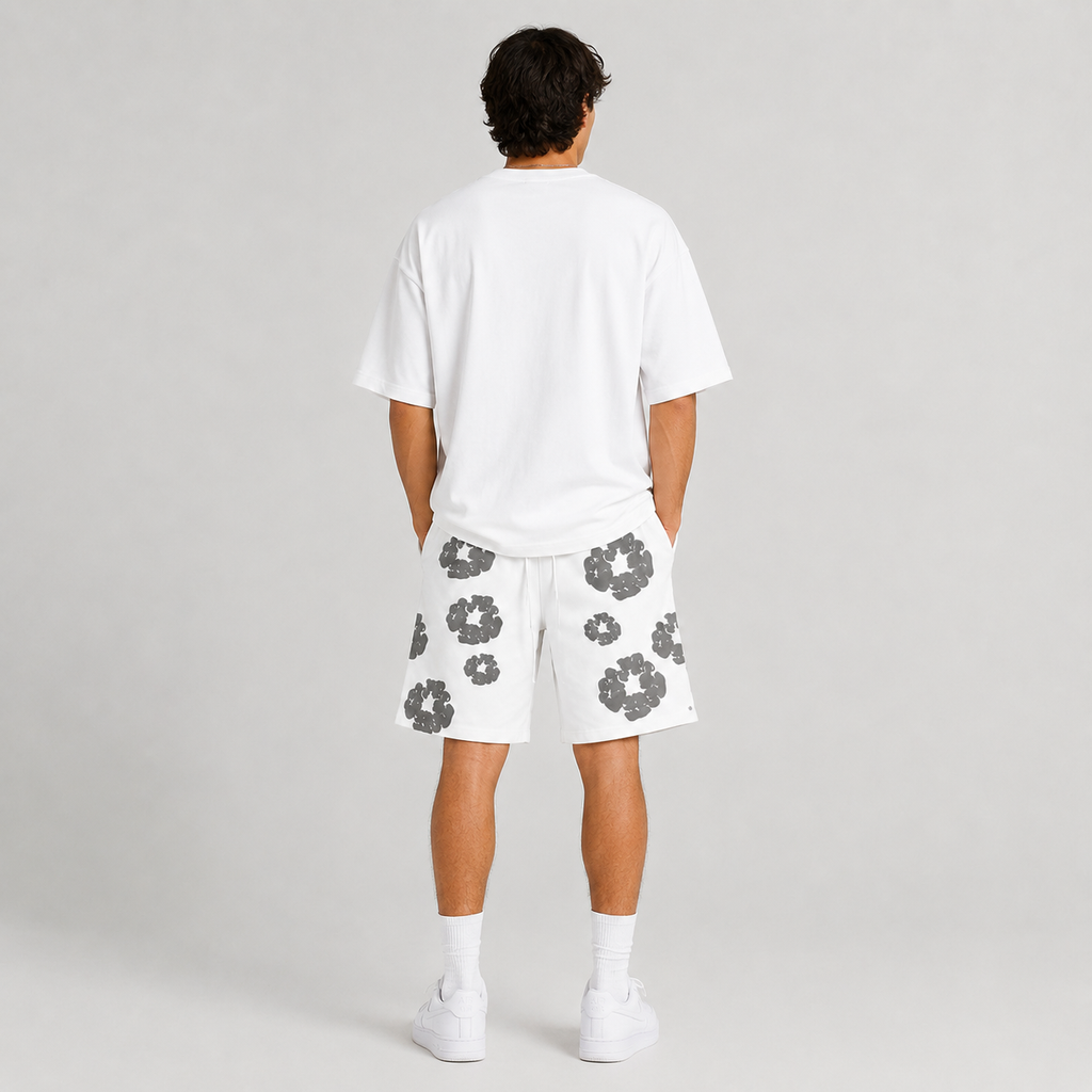 White Grey Puff Floral B mesh shorts - back view