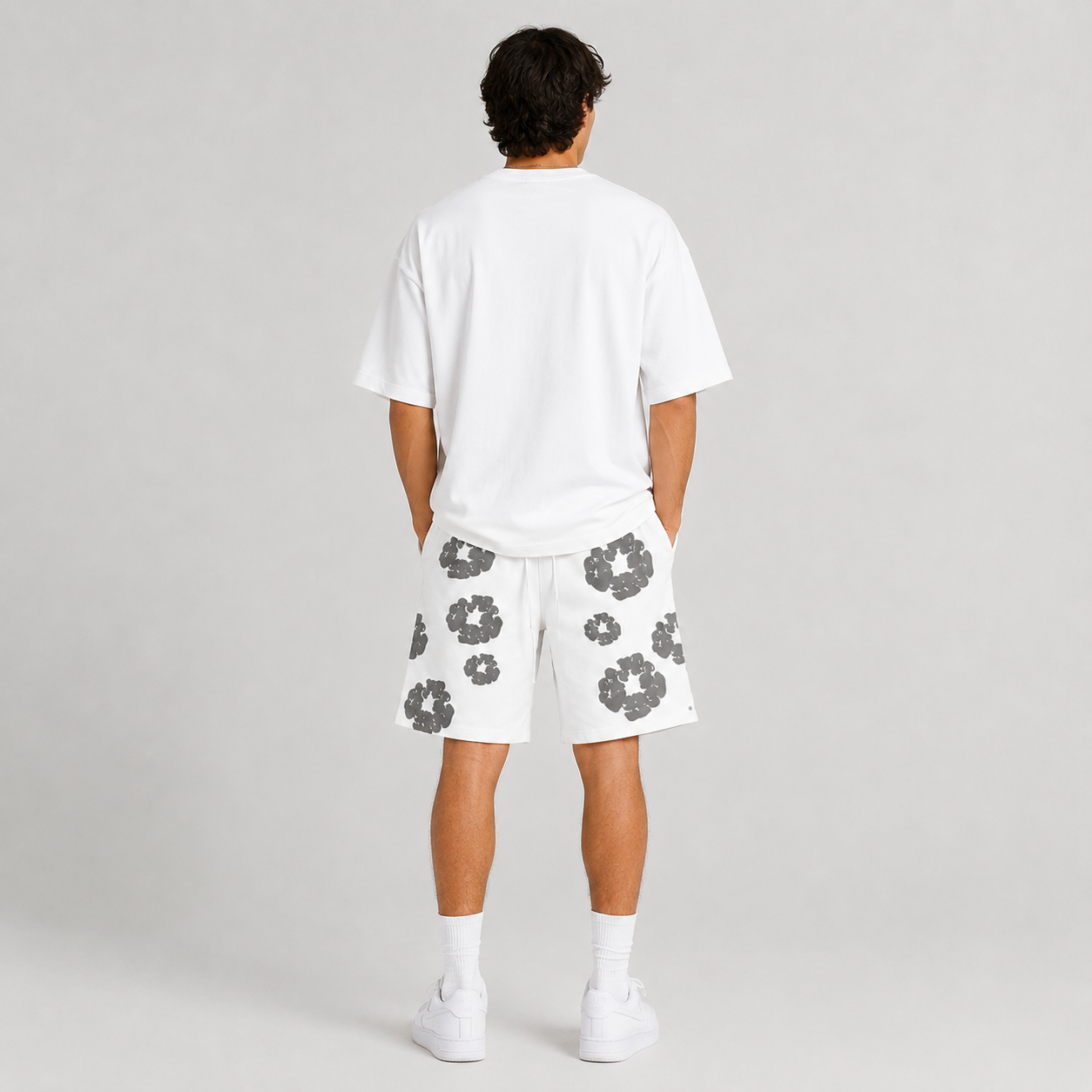 White Grey Puff Floral B mesh shorts - back view