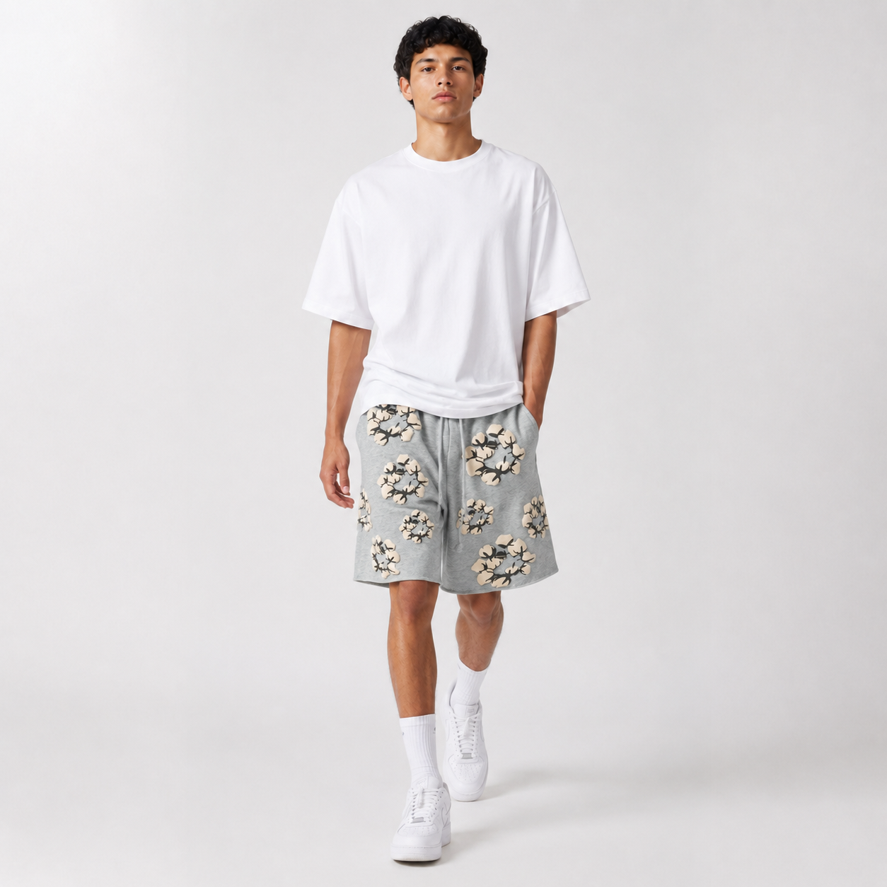 Heather Grey Cream Floral mesh shorts - walking view