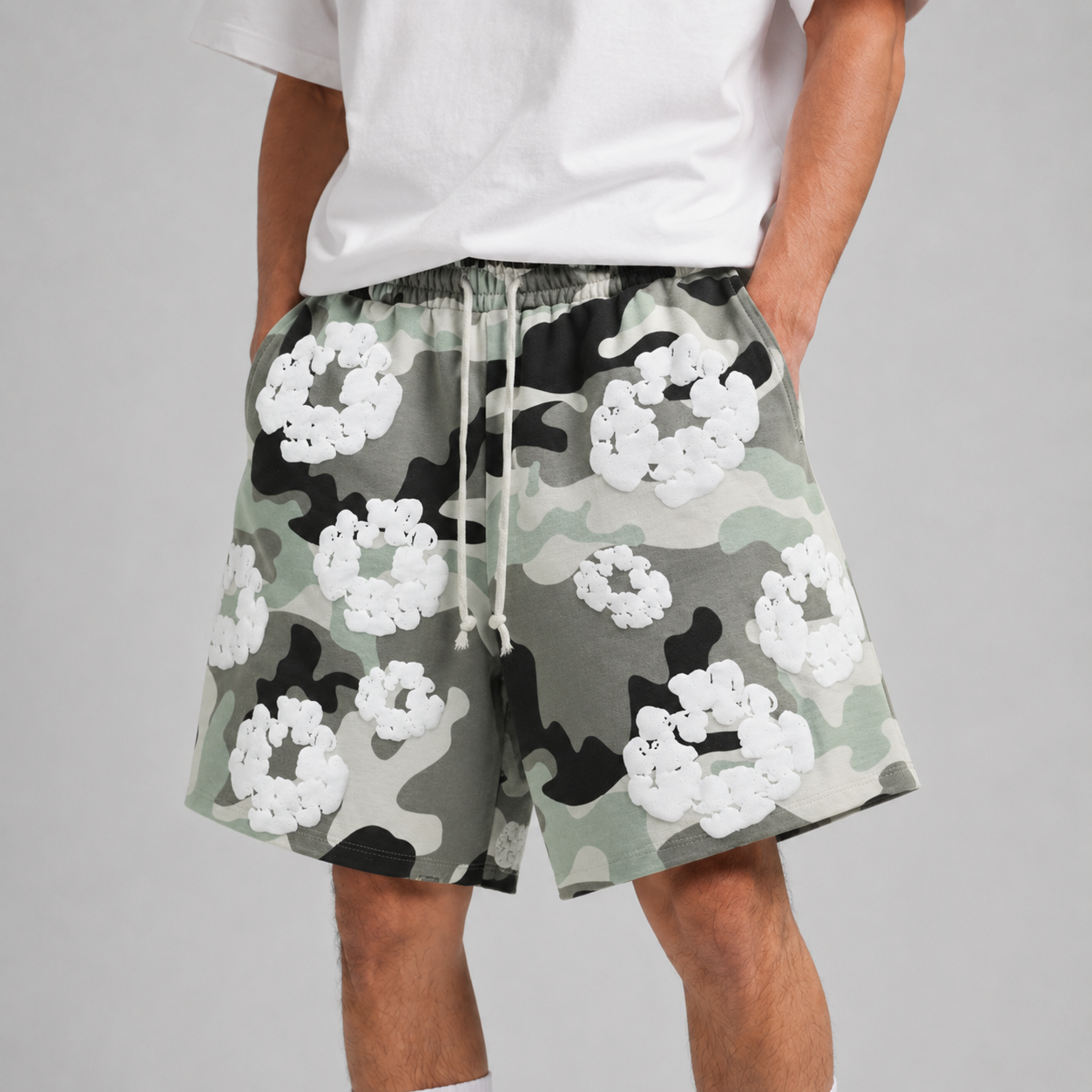 Grey Camo White Floral mesh shorts - close-up view