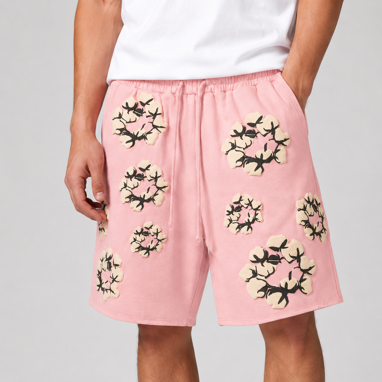 Pink Cream Floral mesh shorts - close-up view