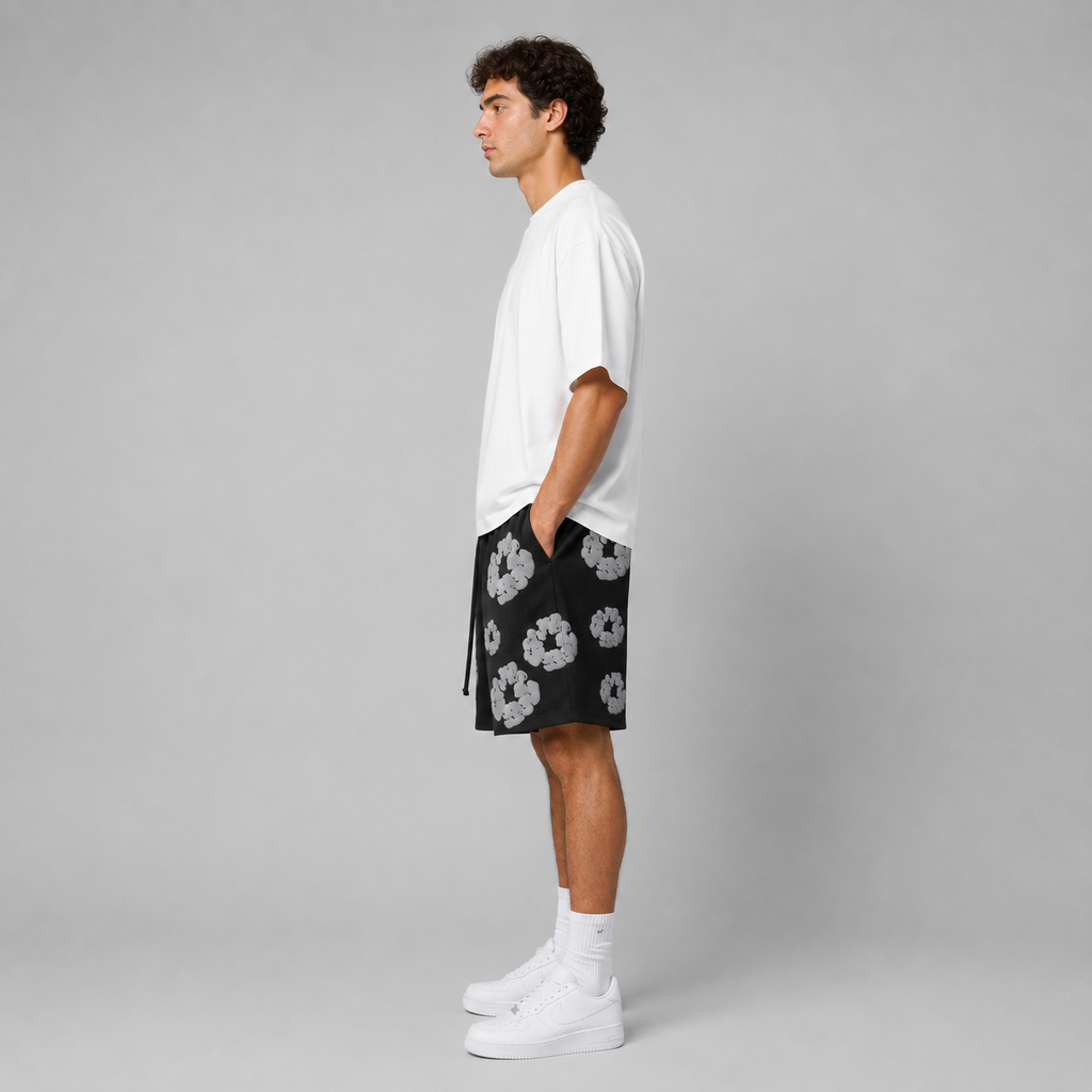 Black Grey Puff Floral mesh shorts - side view