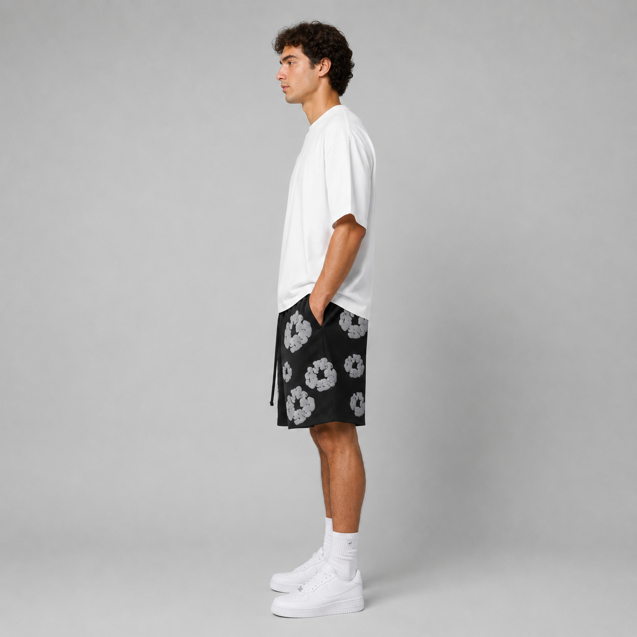 Black Grey Puff Floral mesh shorts - side view