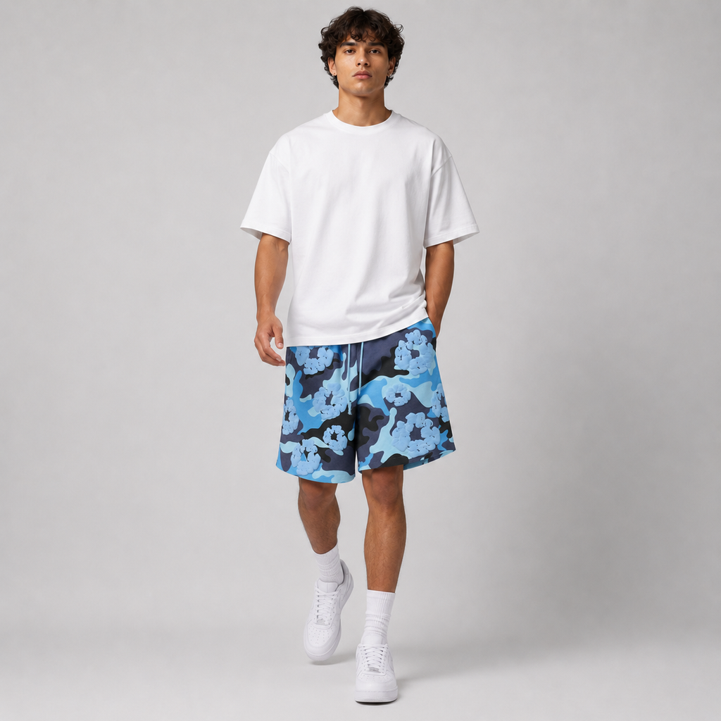 Blue Camo Black Floral mesh shorts - flat-lay view