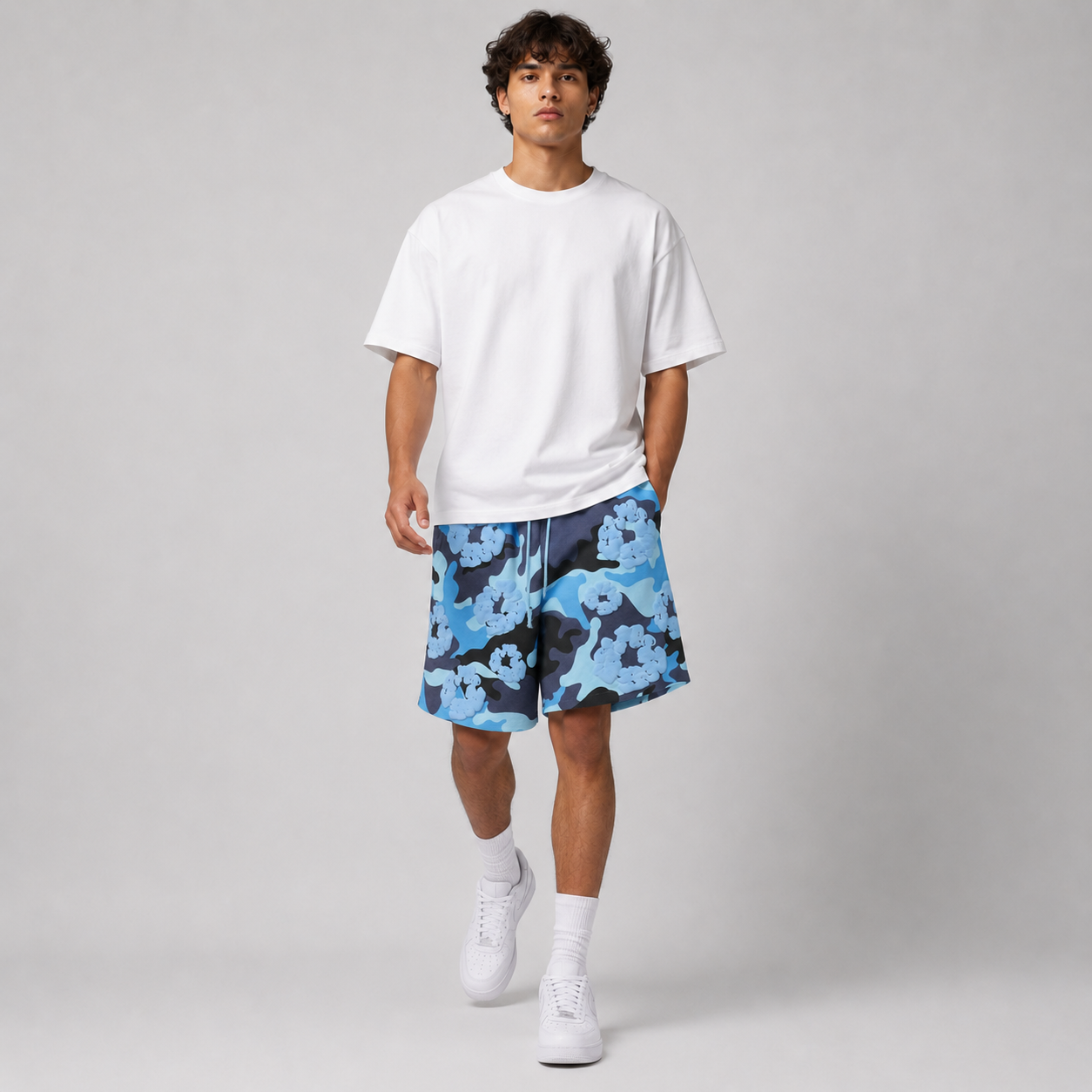 Blue Camo Black Floral mesh shorts - flat-lay view