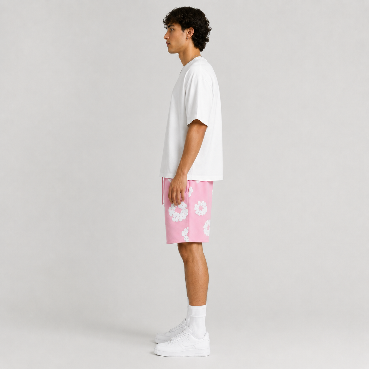 Pink White Puff Floral men's mesh shorts - side view