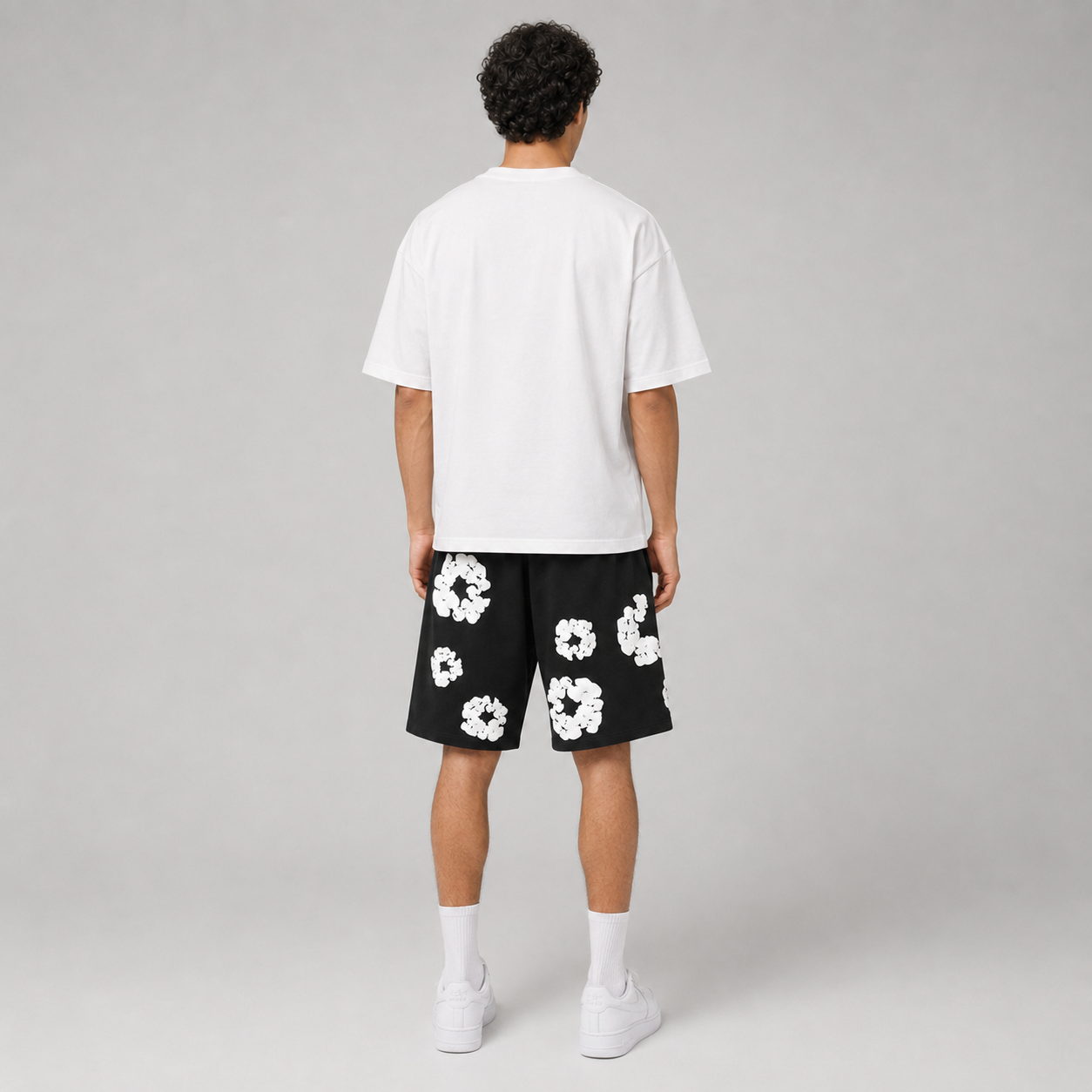 Black White Puff Floral mesh shorts - back view
