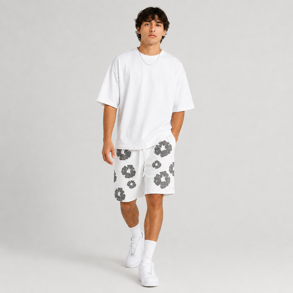 White Grey Puff Floral B mesh shorts - walking view