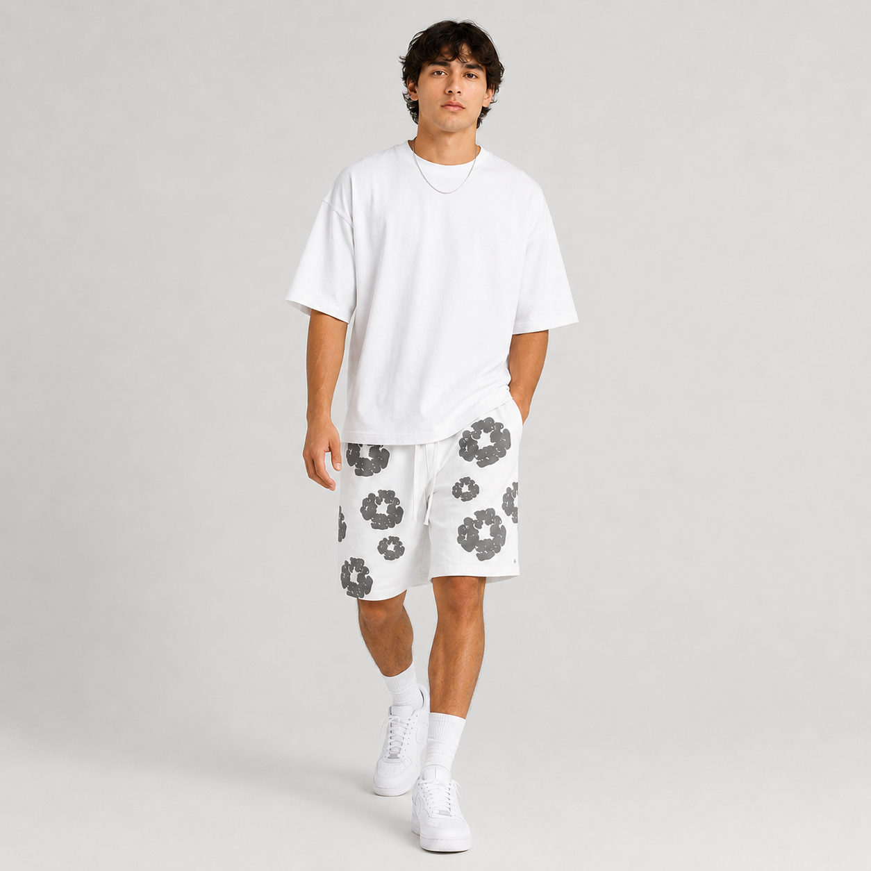 White Grey Puff Floral B mesh shorts - walking view