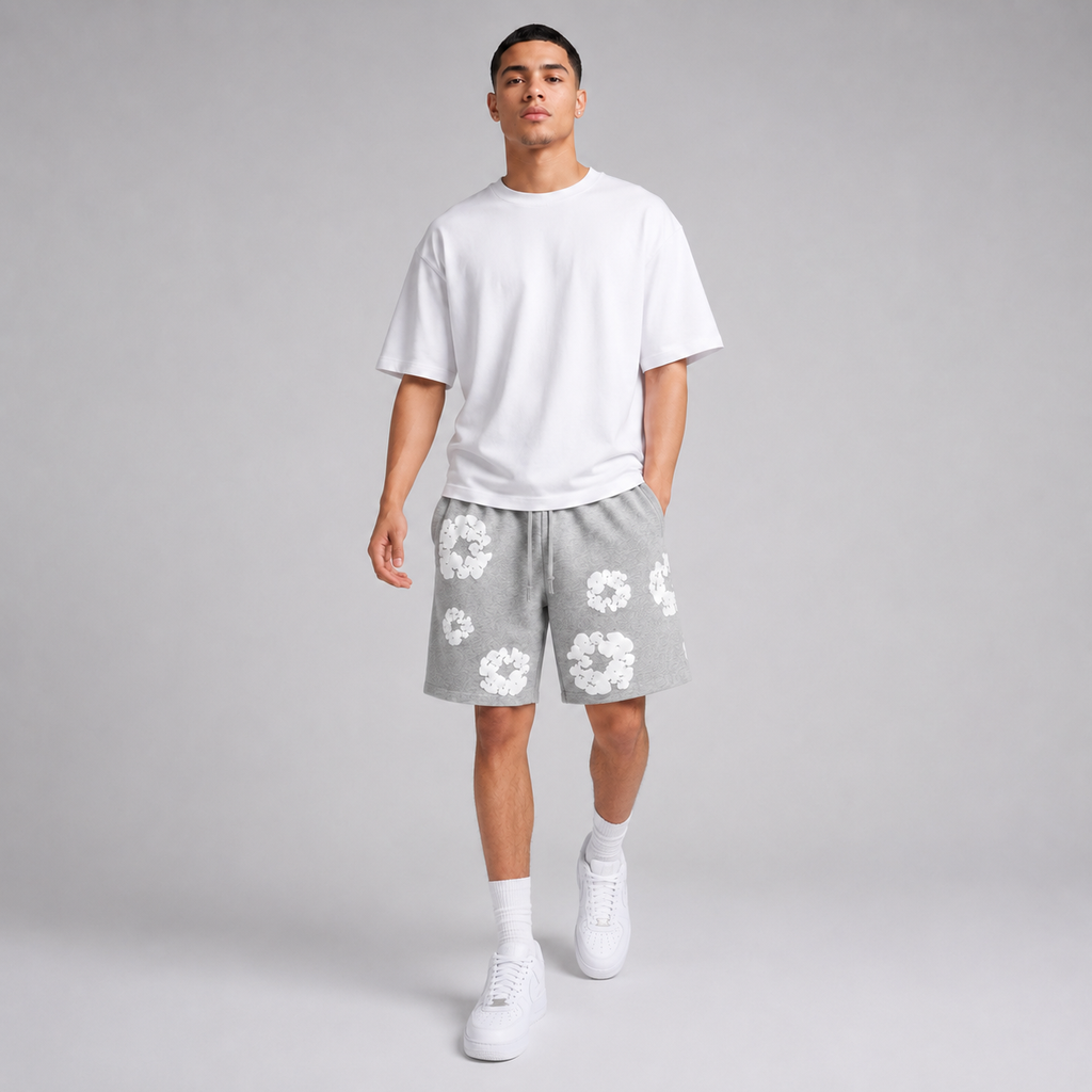 Heather Grey White Puff Floral men's mesh shorts - walking view