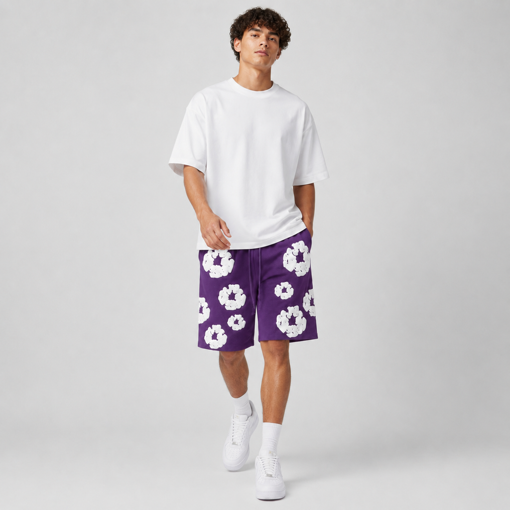 Purple White Floral mesh shorts - walking view
