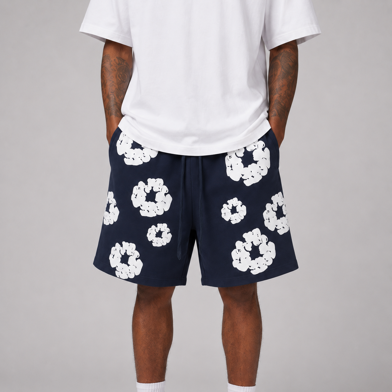 Navy White Puff Floral mesh shorts - flat-lay view