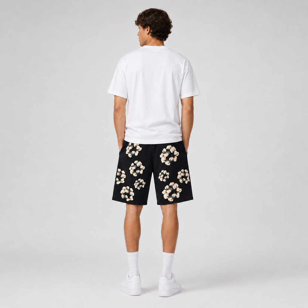 Black Cream Floral mesh shorts - back view