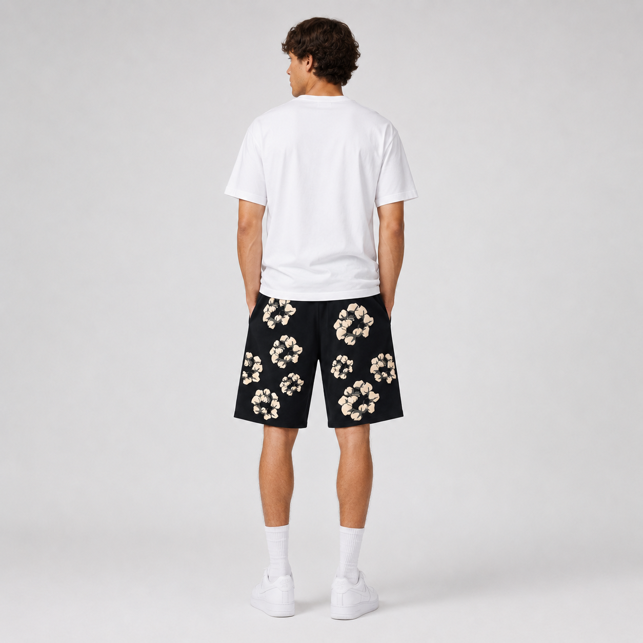 Black Cream Floral mesh shorts - back view