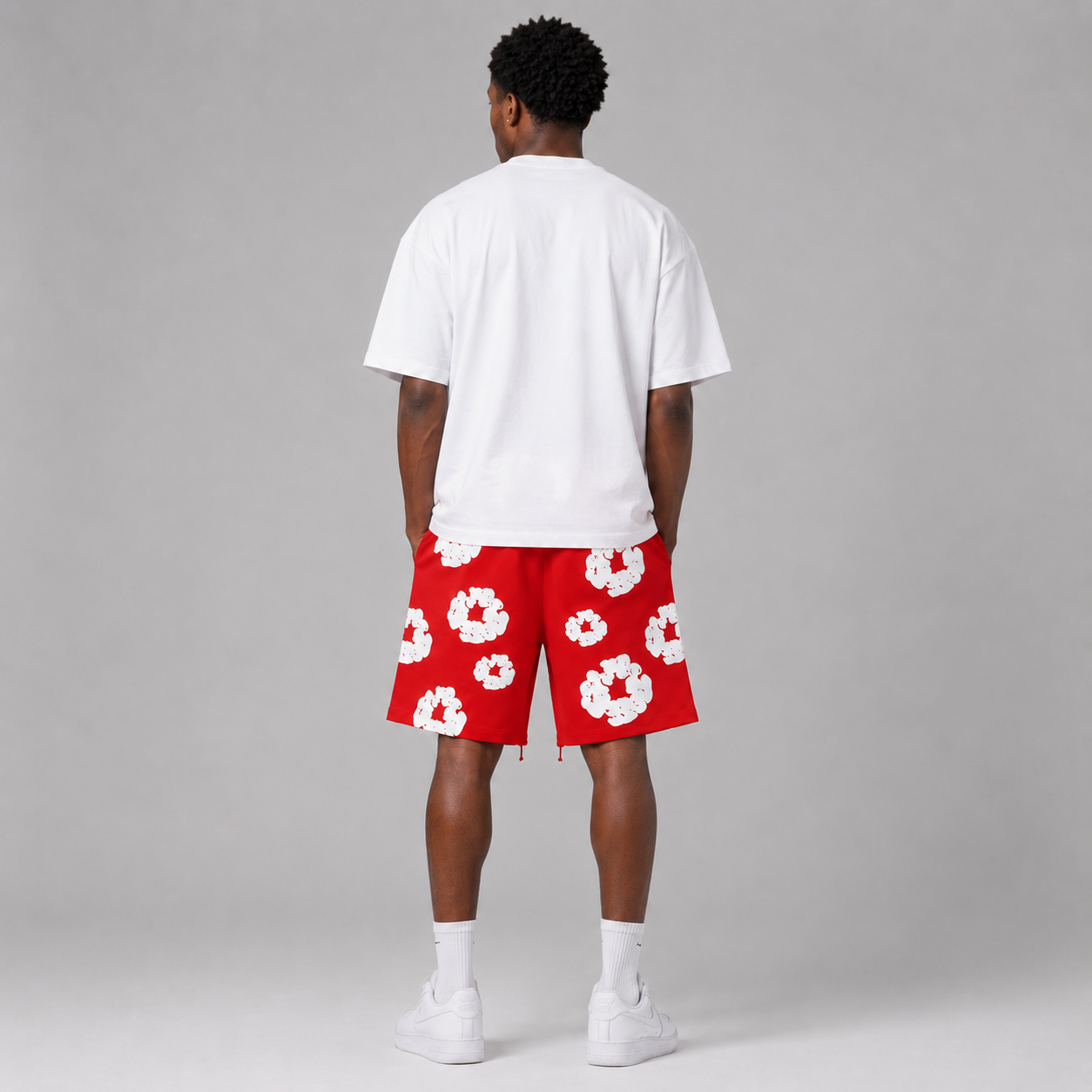 Red White Puff Floral mesh shorts - back view