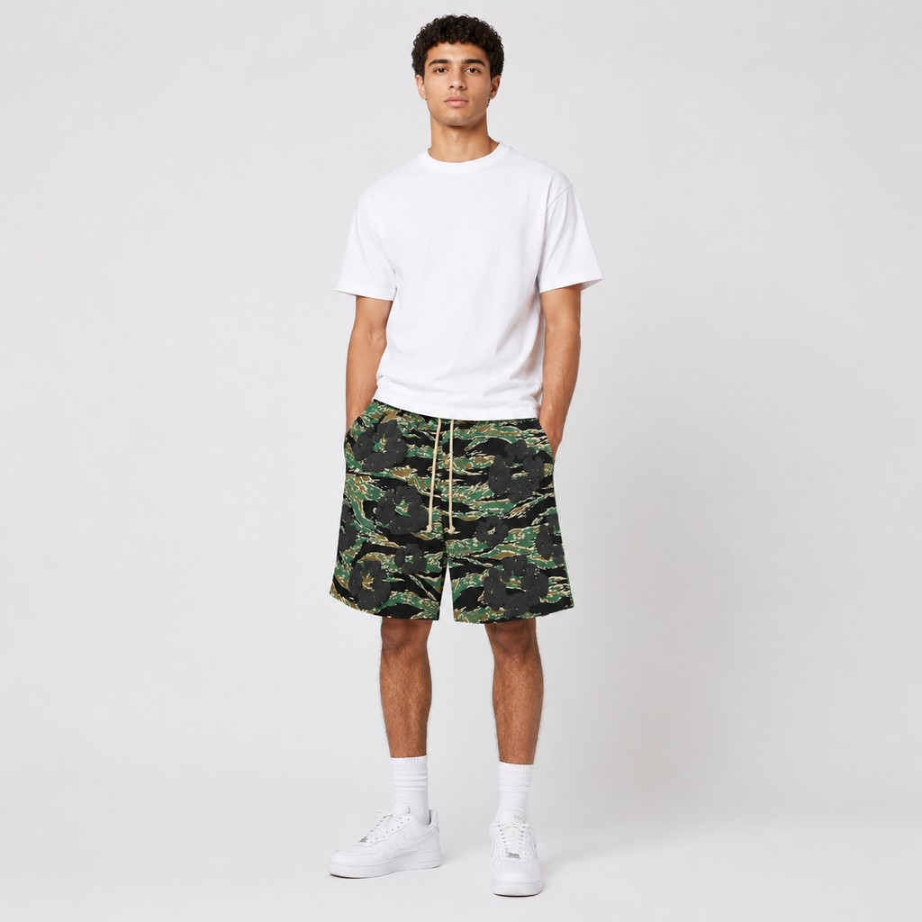 Army Camo Orange Graphic mesh shorts - front view