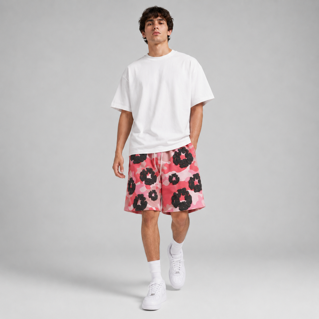 Pink Camo Black Floral mesh shorts - walking view