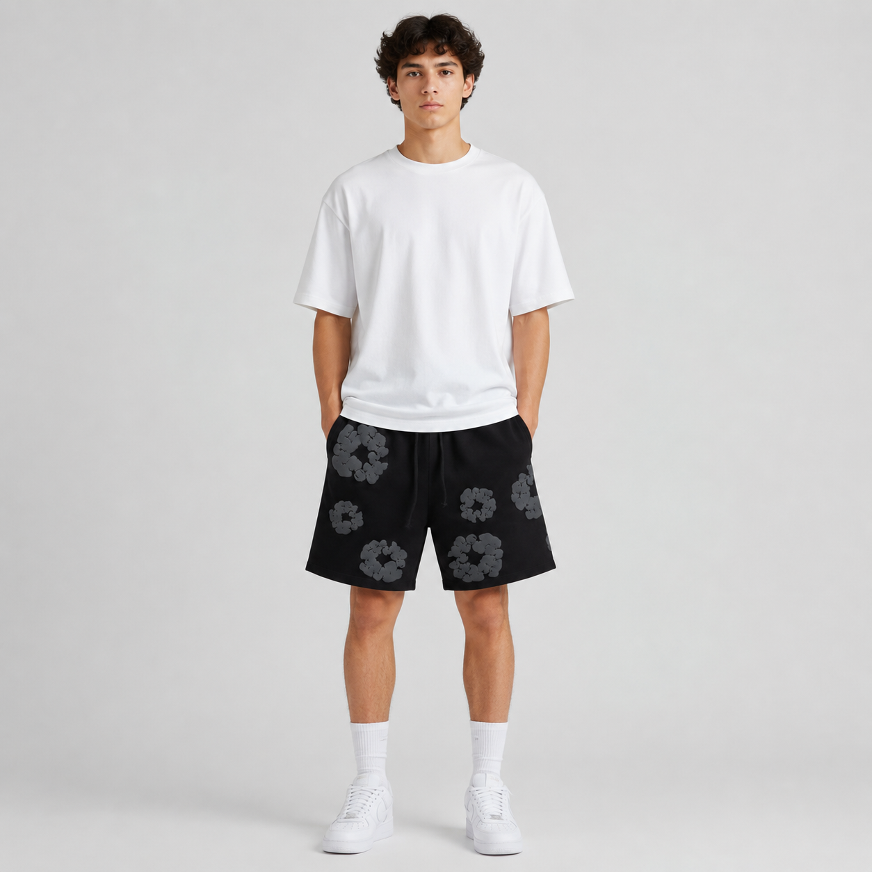 Black Grey Tonal Puff Floral men's mesh shorts - front view