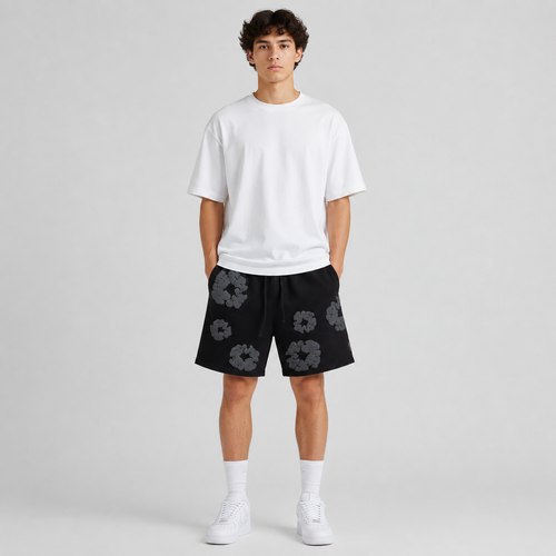 Black Grey Tonal Puff Floral men's mesh shorts - front view