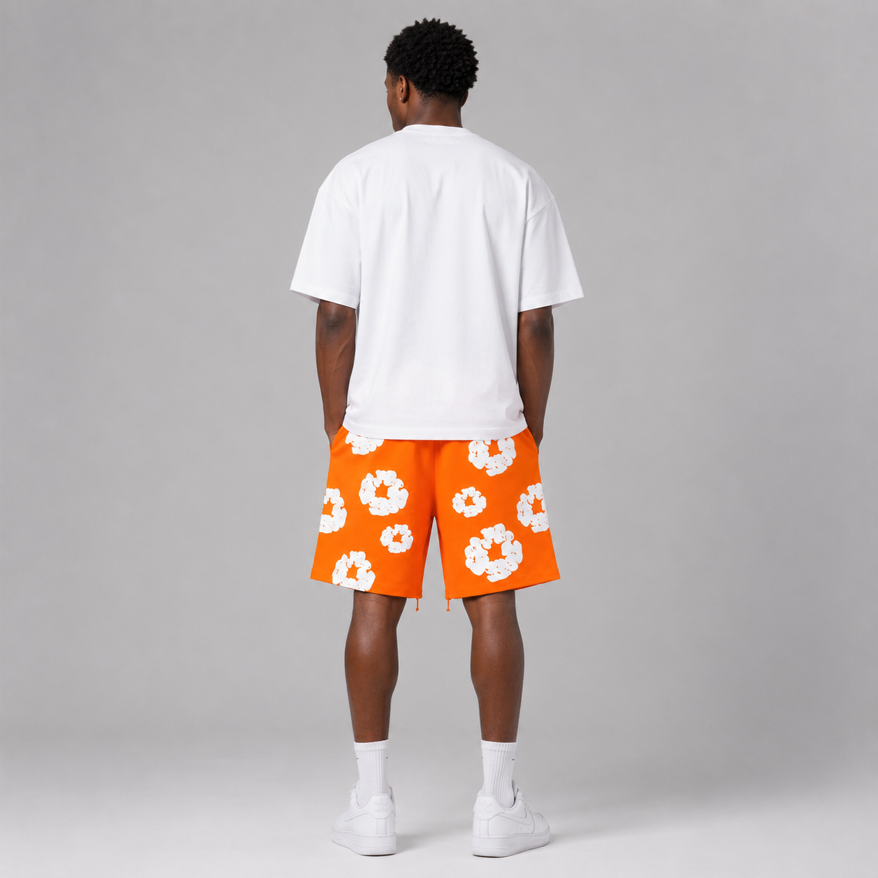Orange White Puff Floral mesh shorts - back view