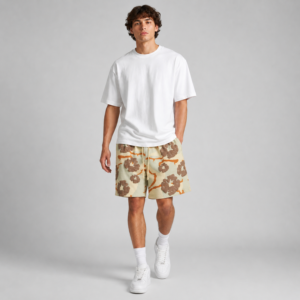 Tan Brown Camo Graphic mesh shorts - walking view
