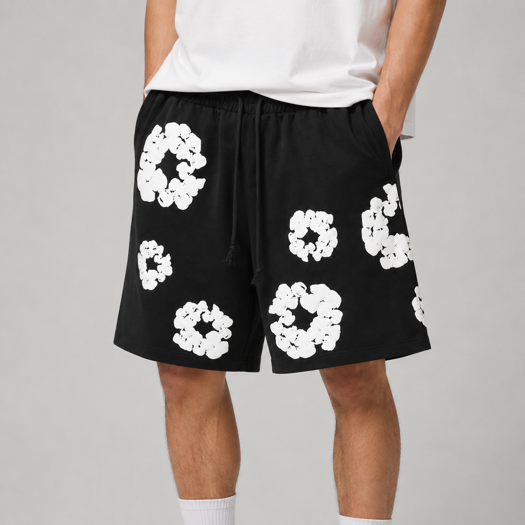 Black White Puff Floral mesh shorts - walking view