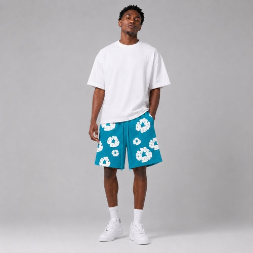 Teal White Puff Floral mesh shorts - front view