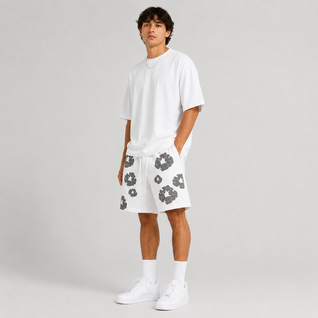 White Grey Puff Floral B mesh shorts - close-up view