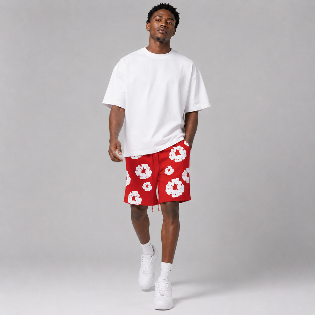 Red White Puff Floral mesh shorts - walking view