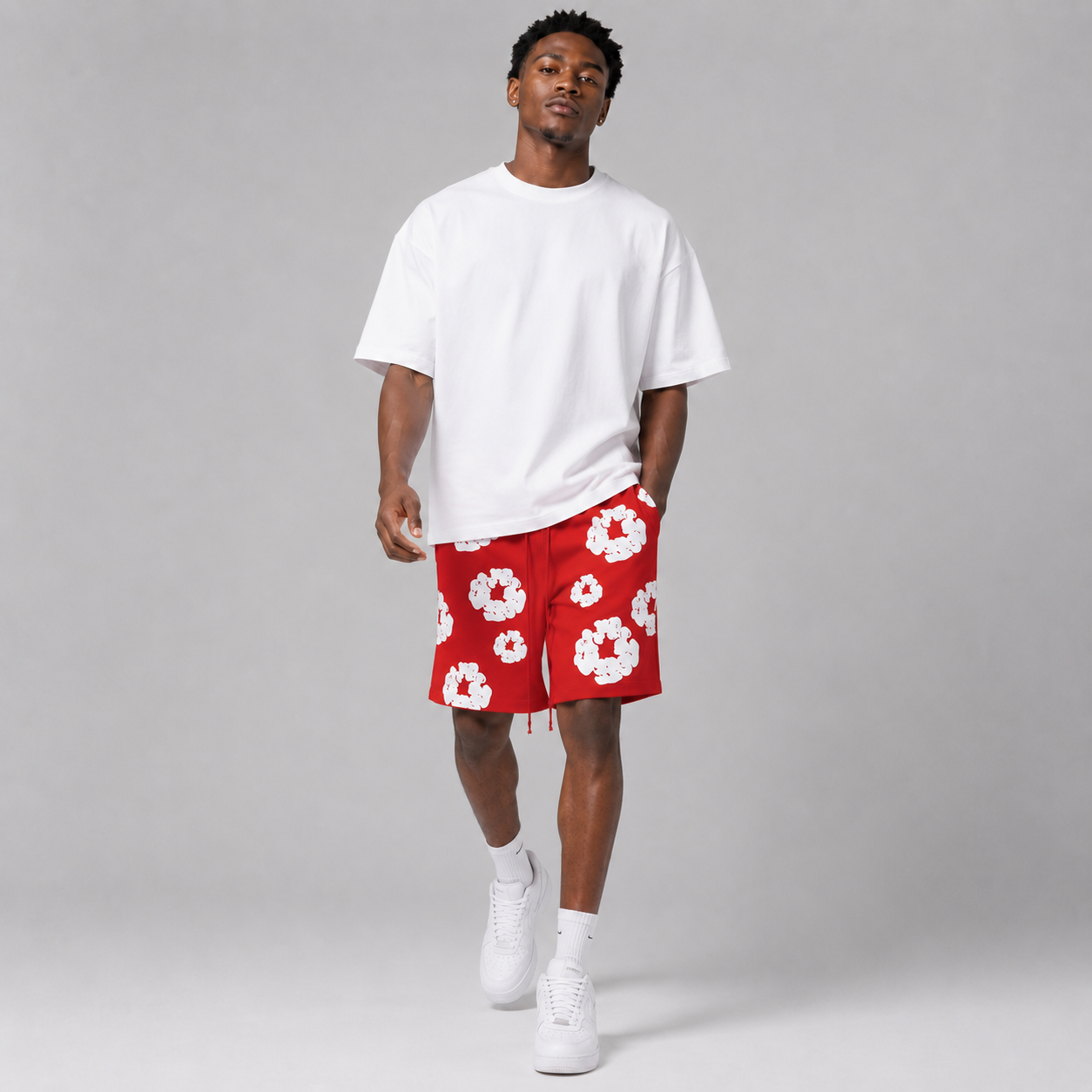Red White Puff Floral mesh shorts - walking view