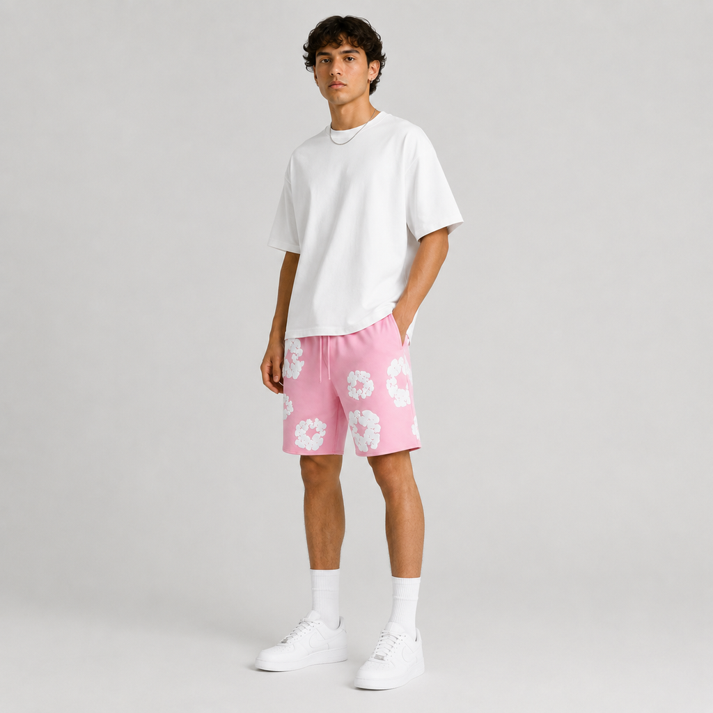 Pink White Puff Floral men's mesh shorts - flat-lay view